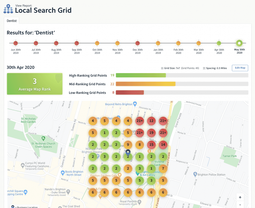 BrightLocal Local Search Grid showing color-coded ranking positions across a map